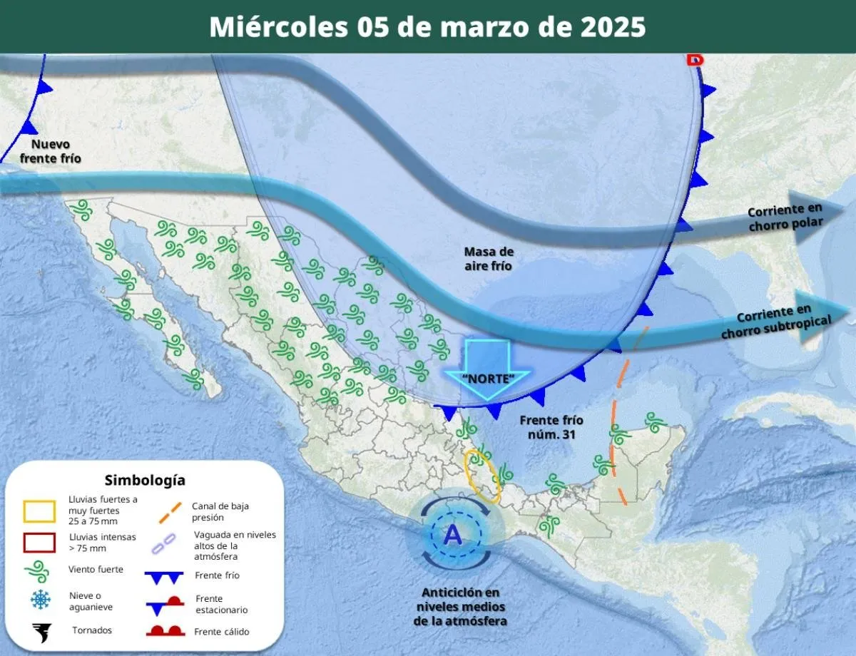 Frente frío 31 provocará lluvias y vientos fuertes de lunes a jueves en estas entidades