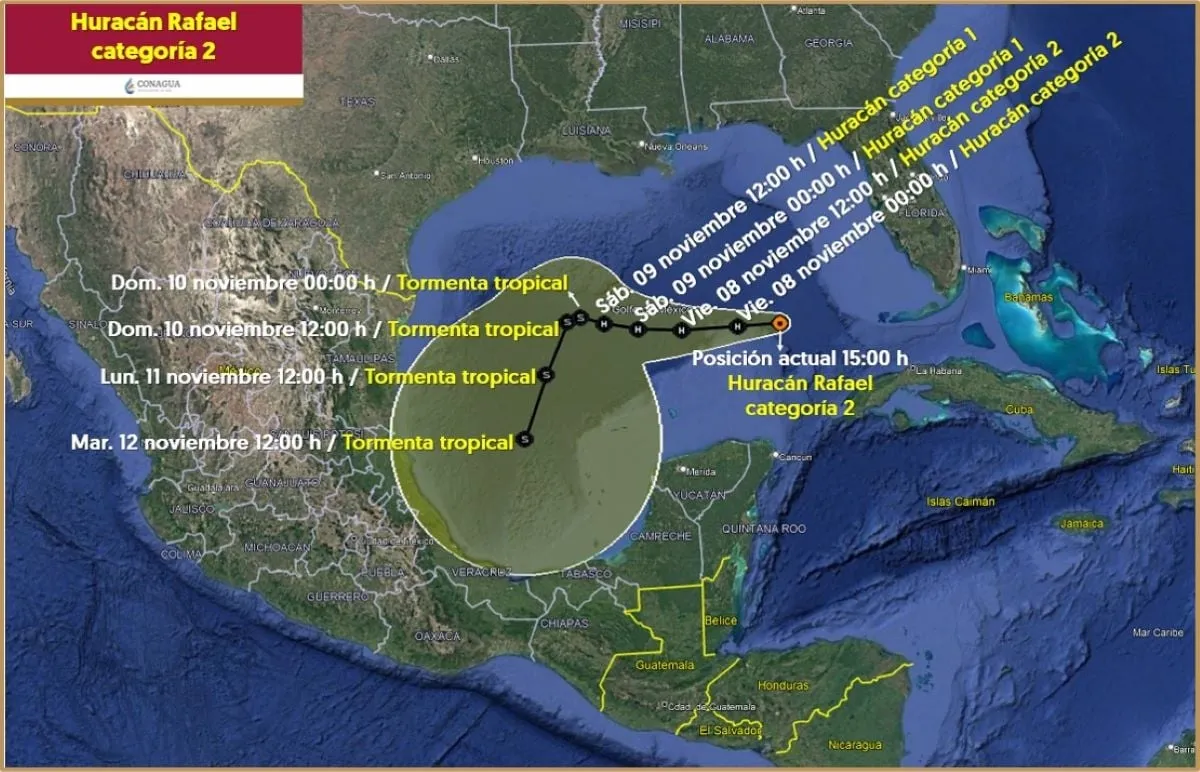 Huracán Rafael categoría 2 avanza en el Golfo de México con esta trayectoria