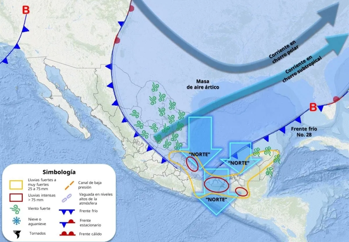 Masa de aire ártico y frente frío 28 impactarán el miércoles con lluvias fuertes, viento y niebla