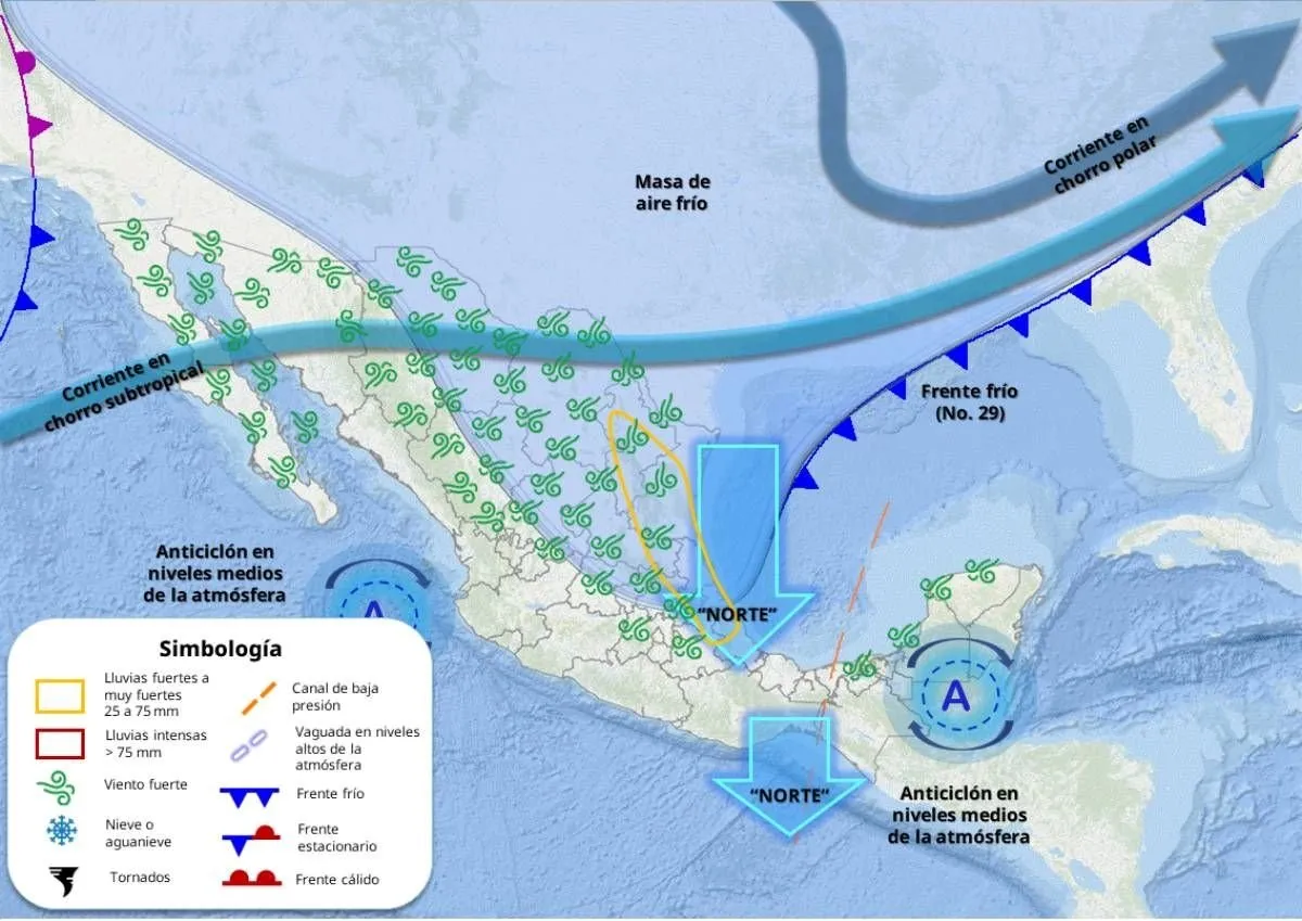 Frente frío 31 y su masa de aire frío provocarán lluvias fuertes el miércoles en estas entidades