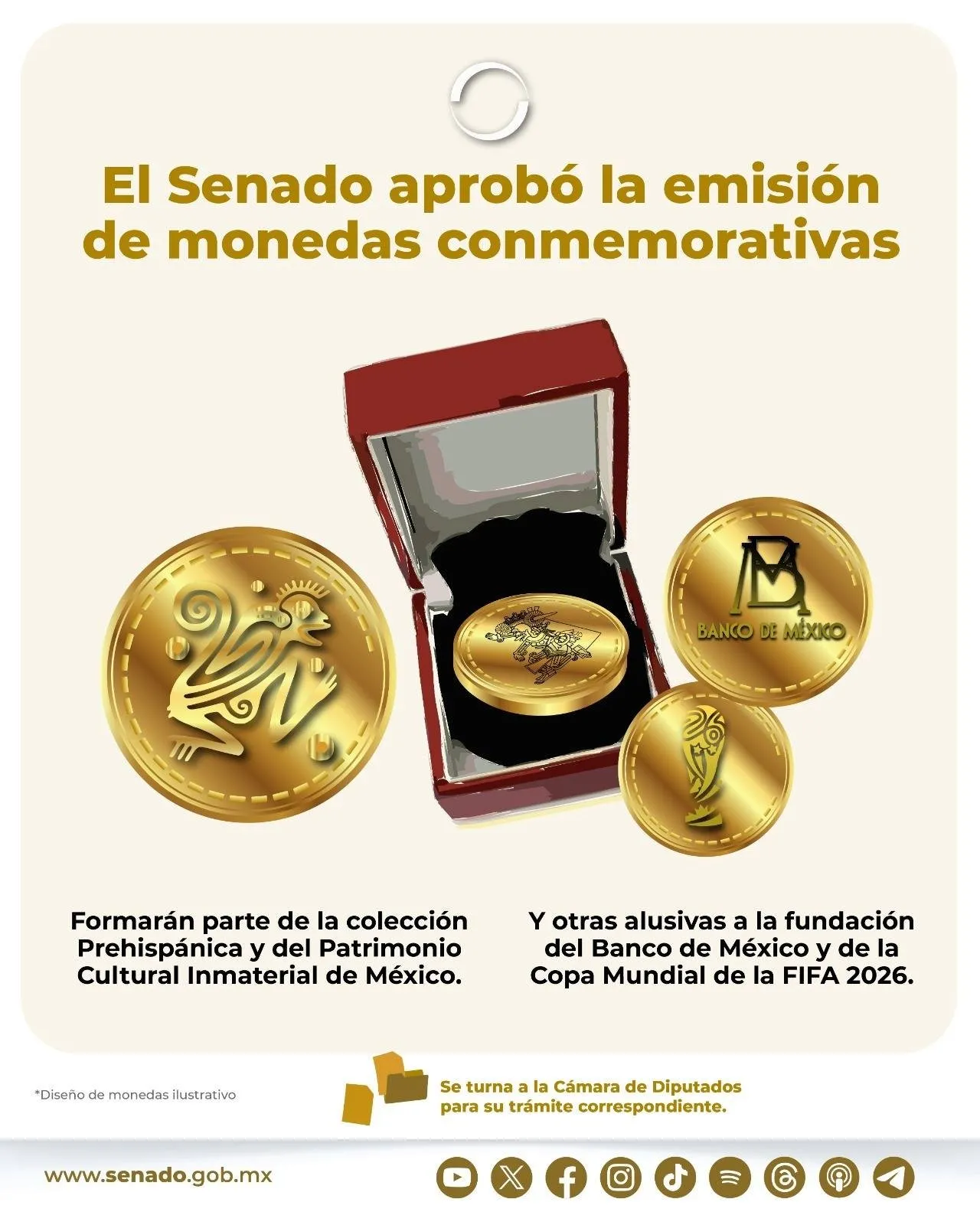 Senado avala emisión de monedas conmemorativas, una es de la Copa Mundial de Fútbol 2026